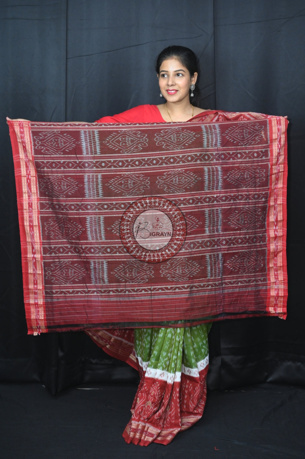 Mehndi Maroon 5D Khandua Cotton Saree