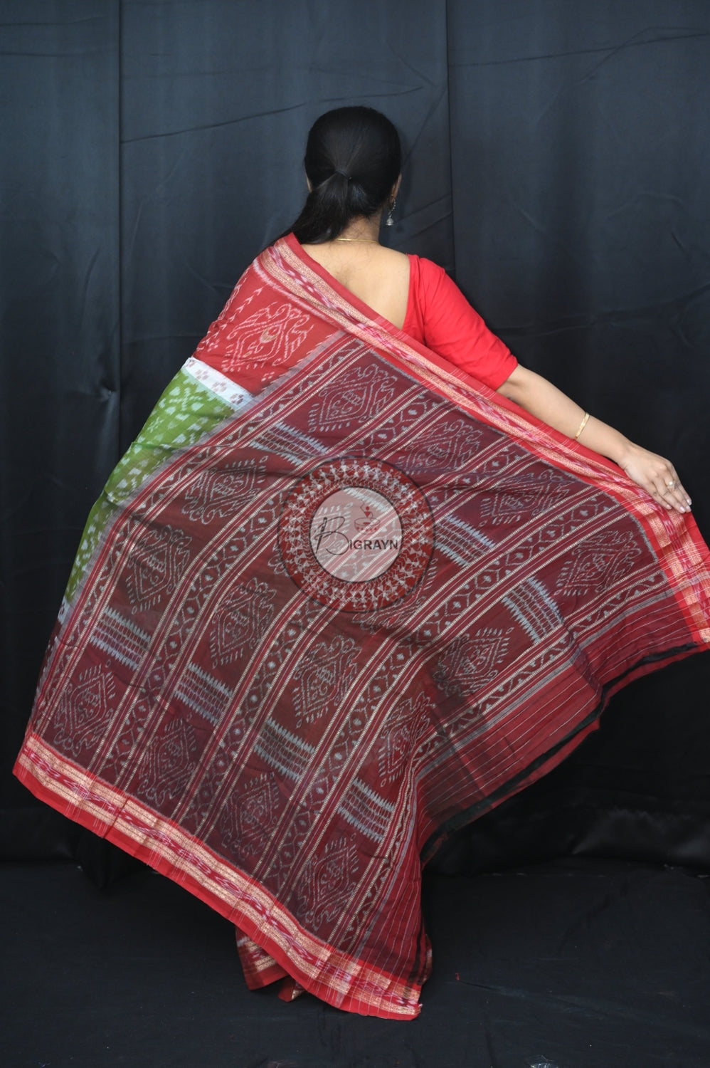 Mehndi Maroon 5D Khandua Cotton Saree