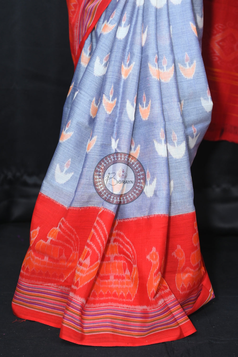 Grey Red Boita Khandua Cotton Saree