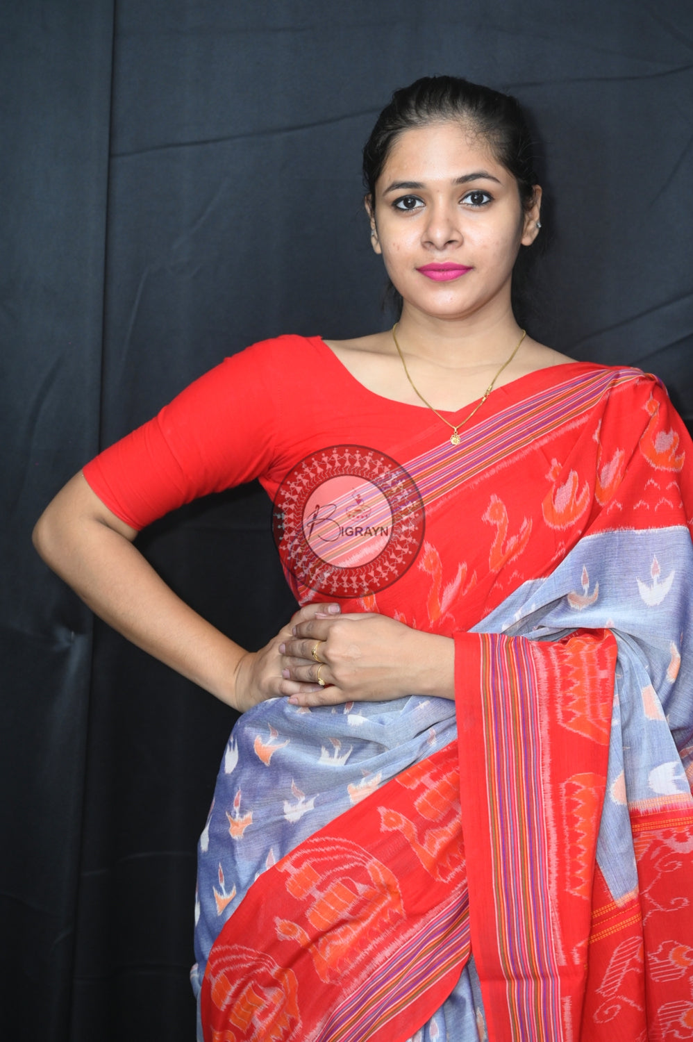 Grey Red Boita Khandua Cotton Saree