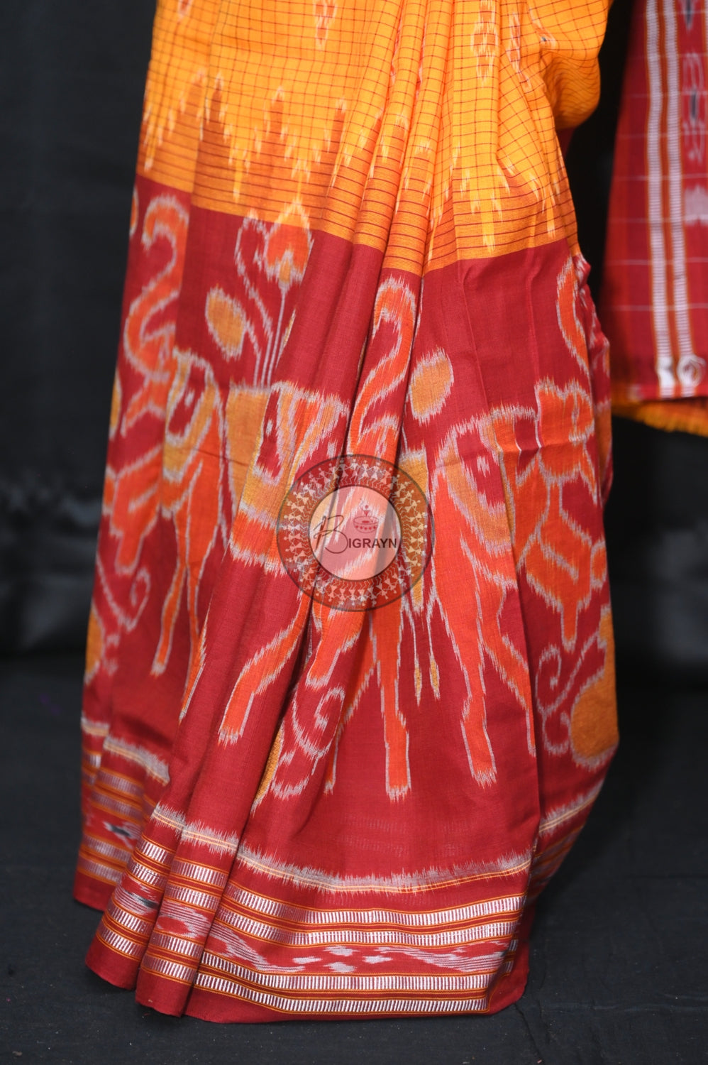 Yellow Maroon Elephant Scot Khandua Cotton Saree