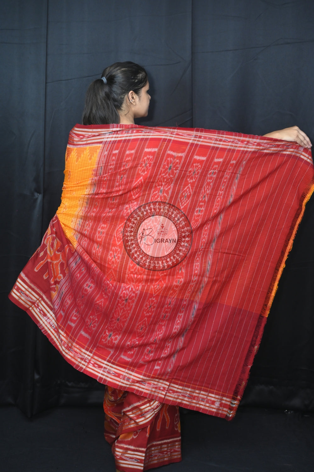 Yellow Maroon Elephant Scot Khandua Cotton Saree