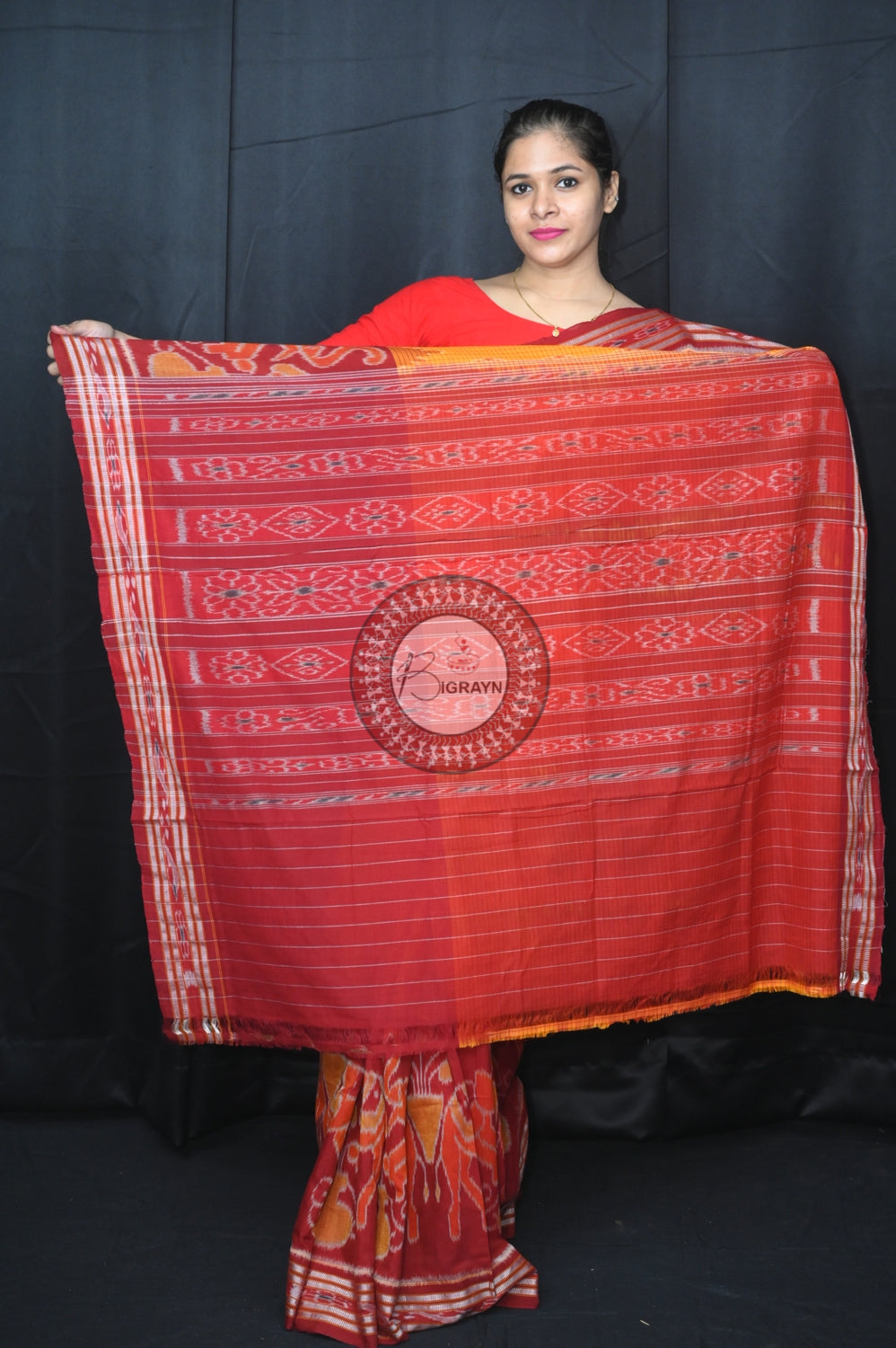 Yellow Maroon Elephant Scot Khandua Cotton Saree