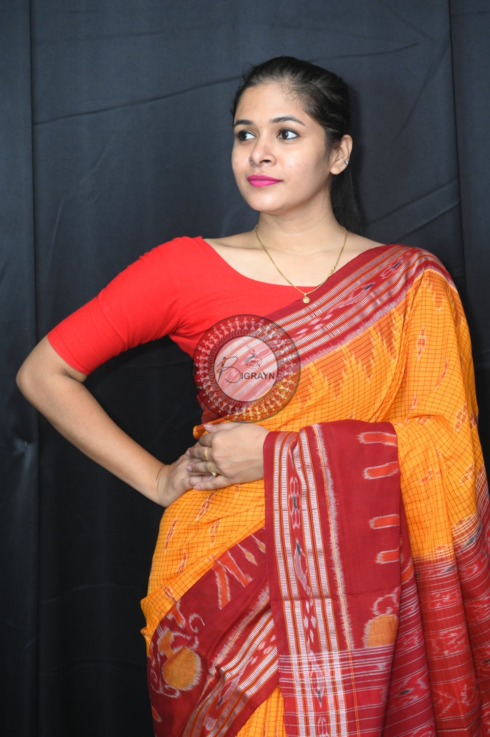 Yellow Maroon Elephant Scot Khandua Cotton Saree