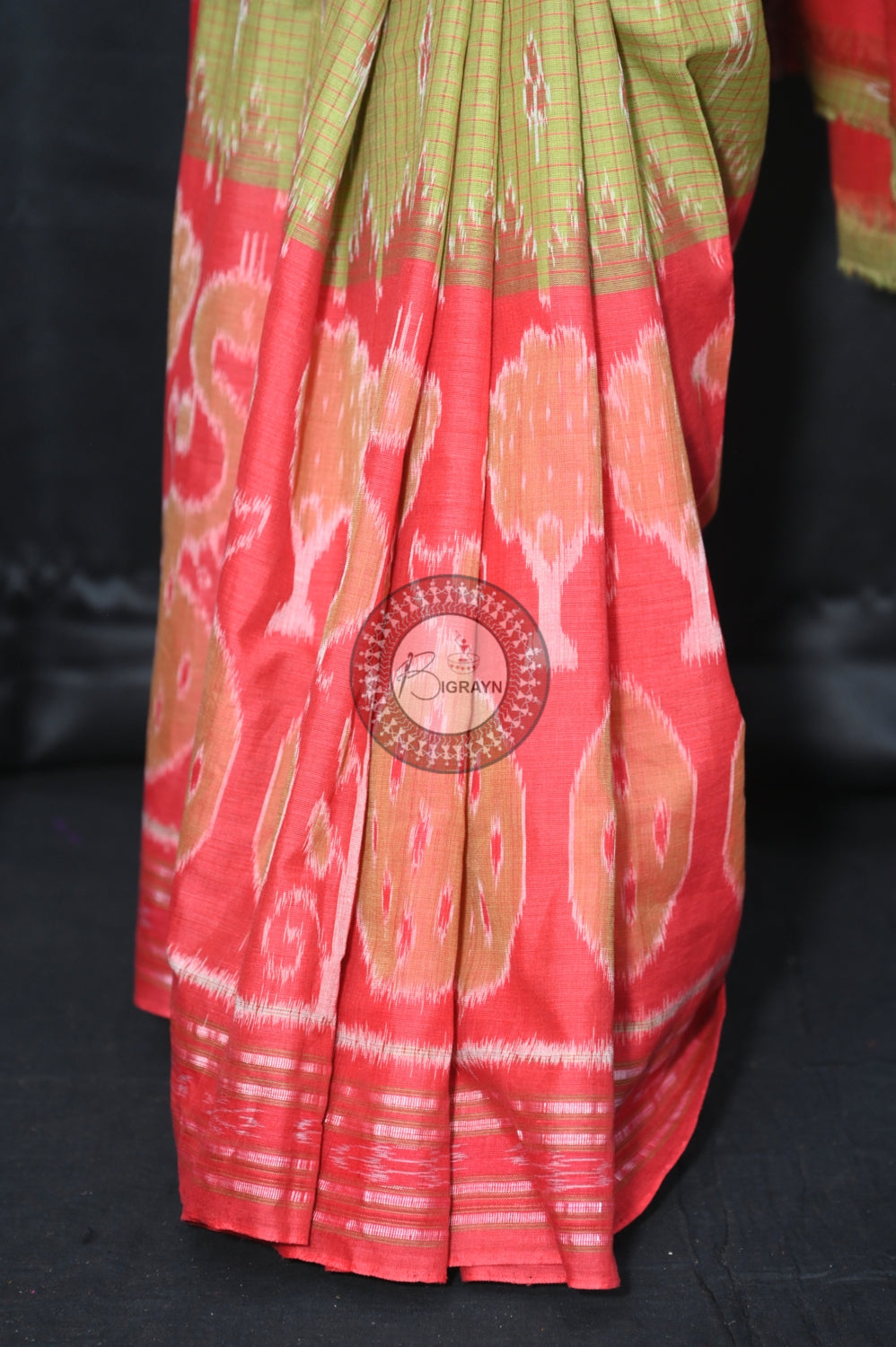 Mehndi Maroon Peacock Scot Khandua Cotton Saree