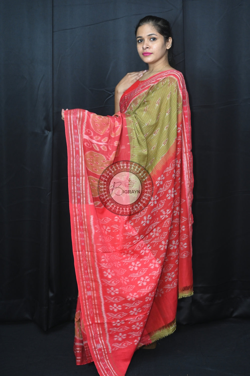 Mehndi Maroon Peacock Scot Khandua Cotton Saree