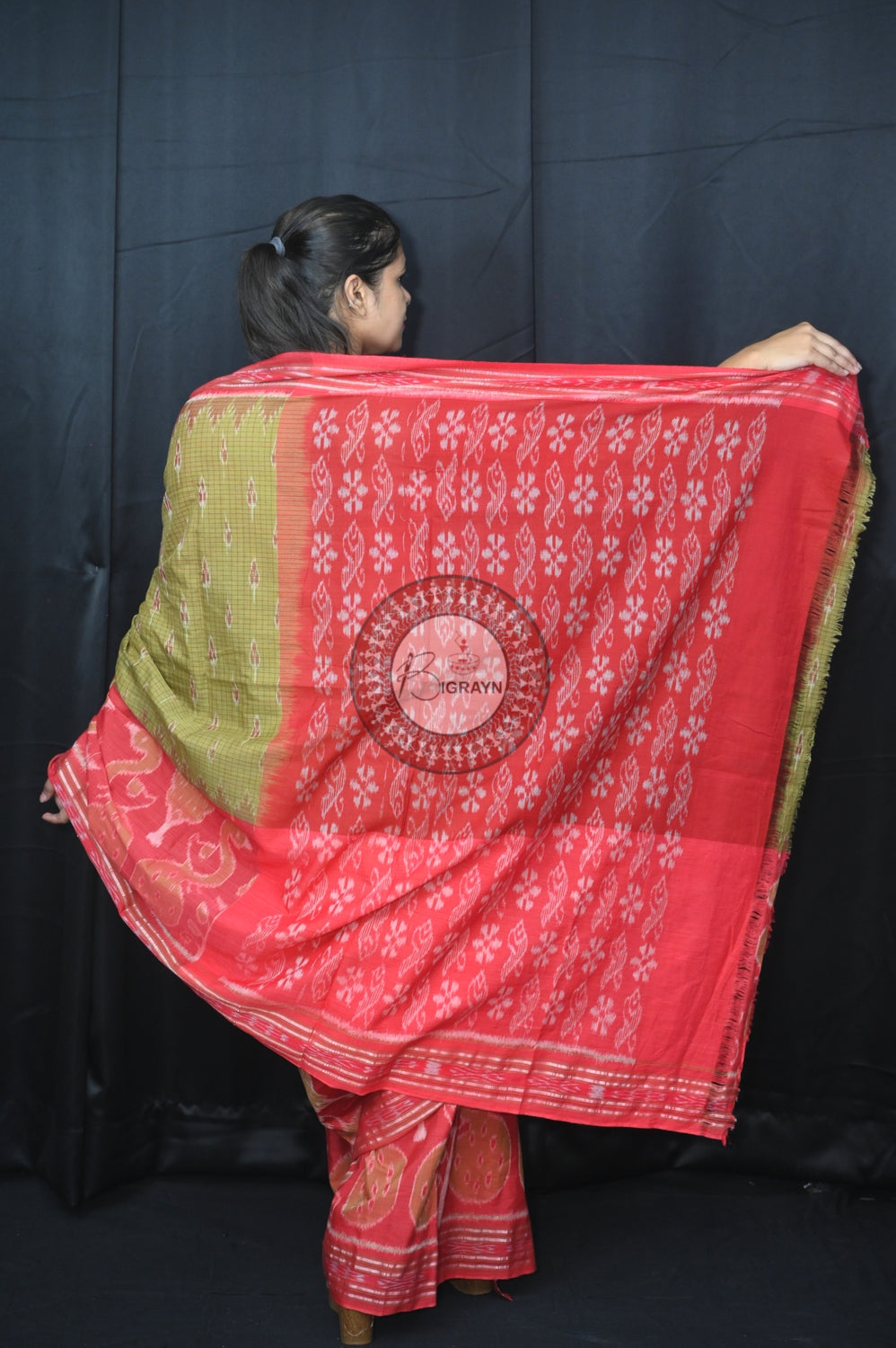 Mehndi Maroon Peacock Scot Khandua Cotton Saree