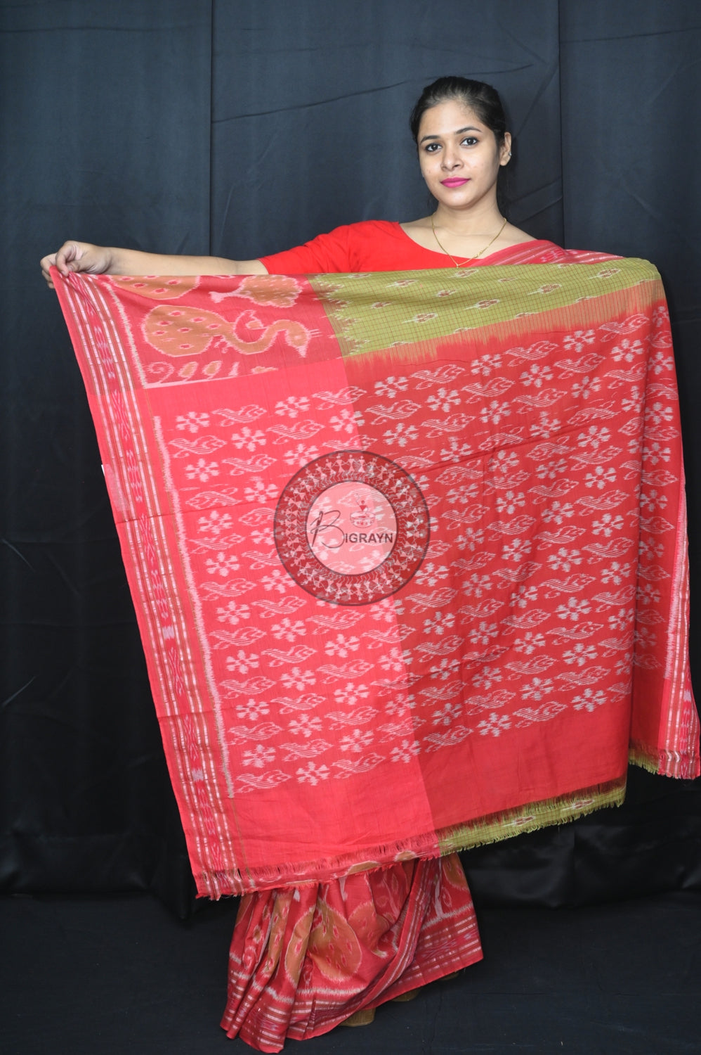 Mehndi Maroon Peacock Scot Khandua Cotton Saree