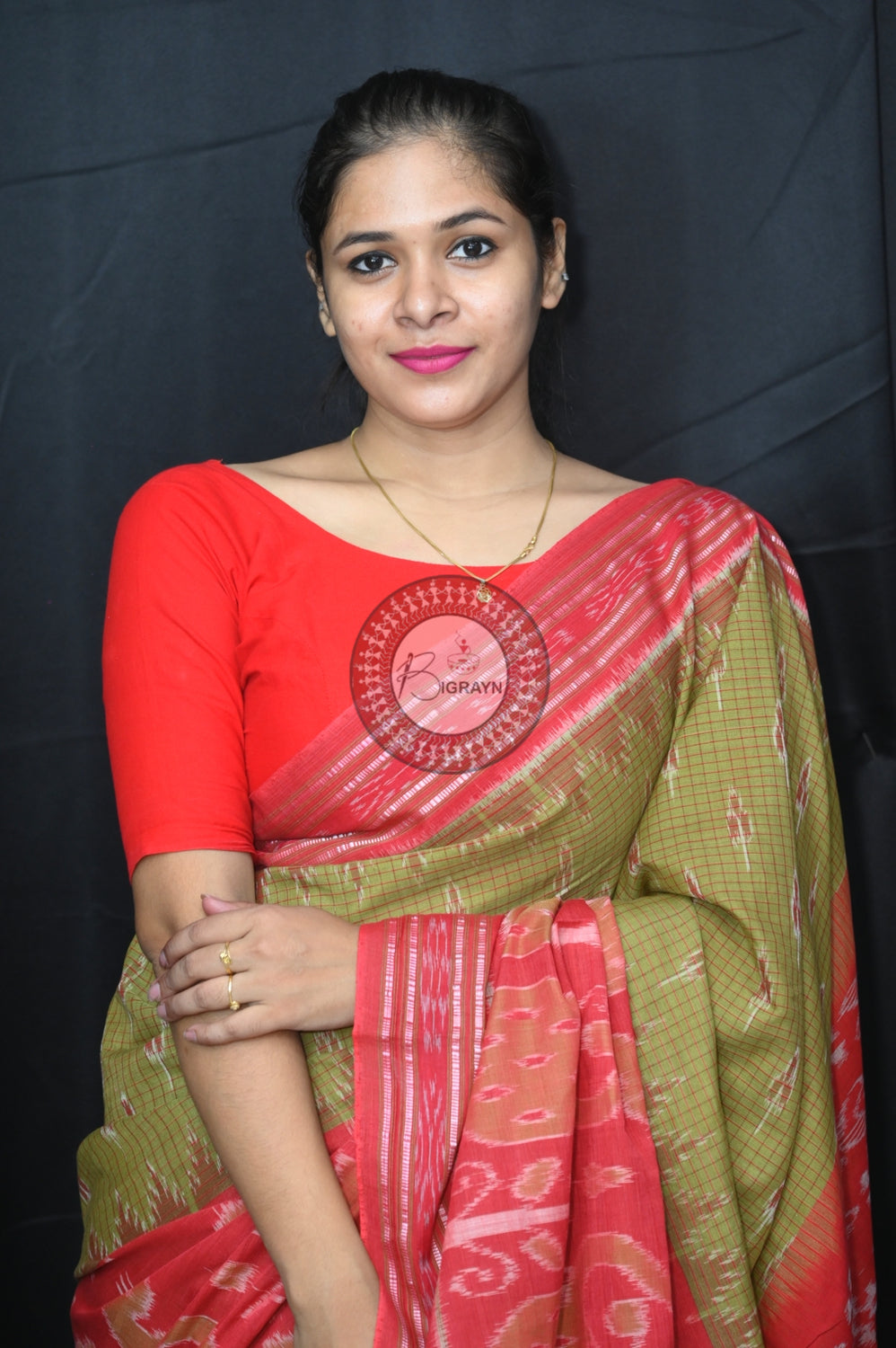 Mehndi Maroon Peacock Scot Khandua Cotton Saree