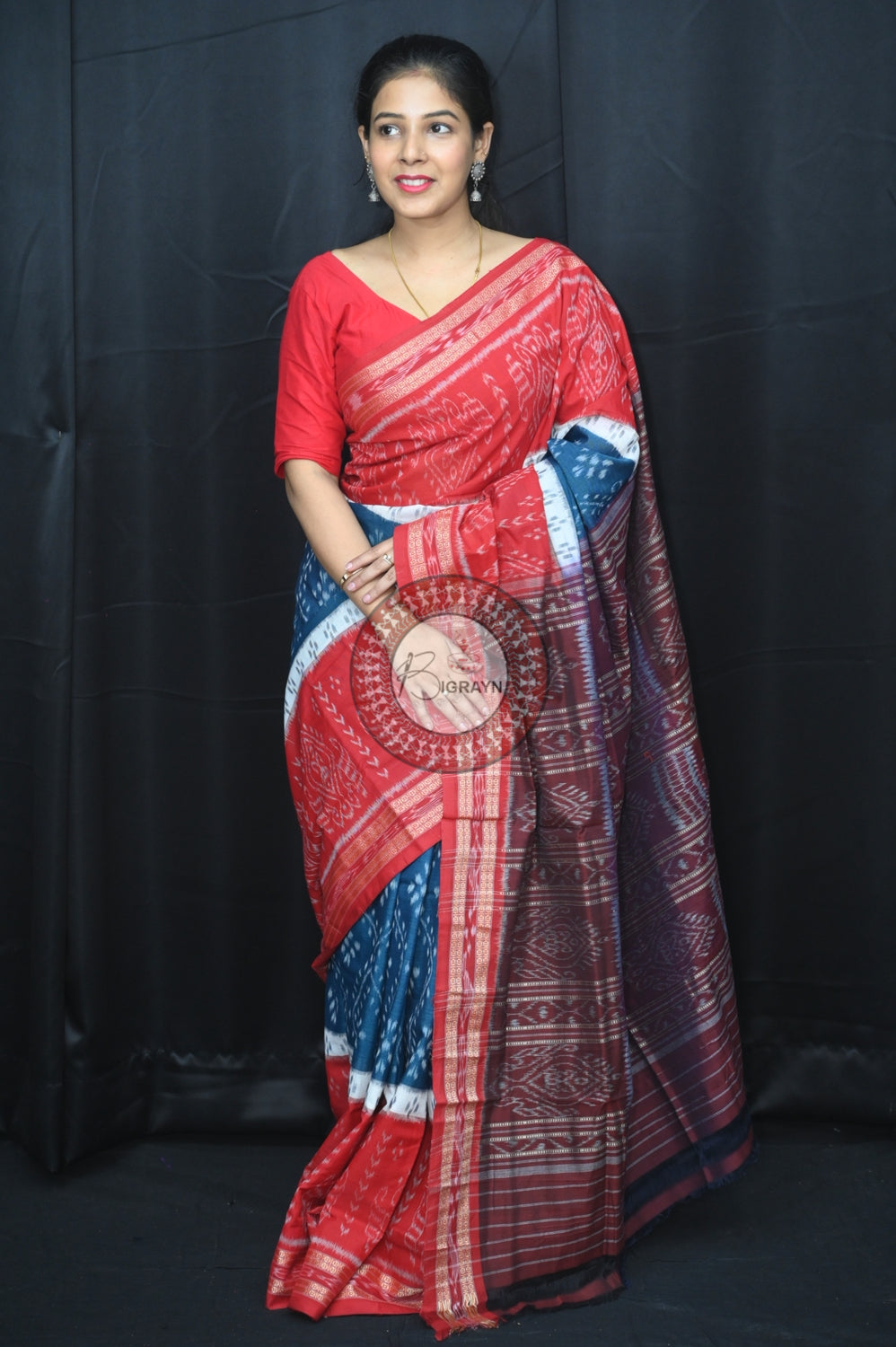 Teal Blue White Red 5D Khandua Cotton Saree