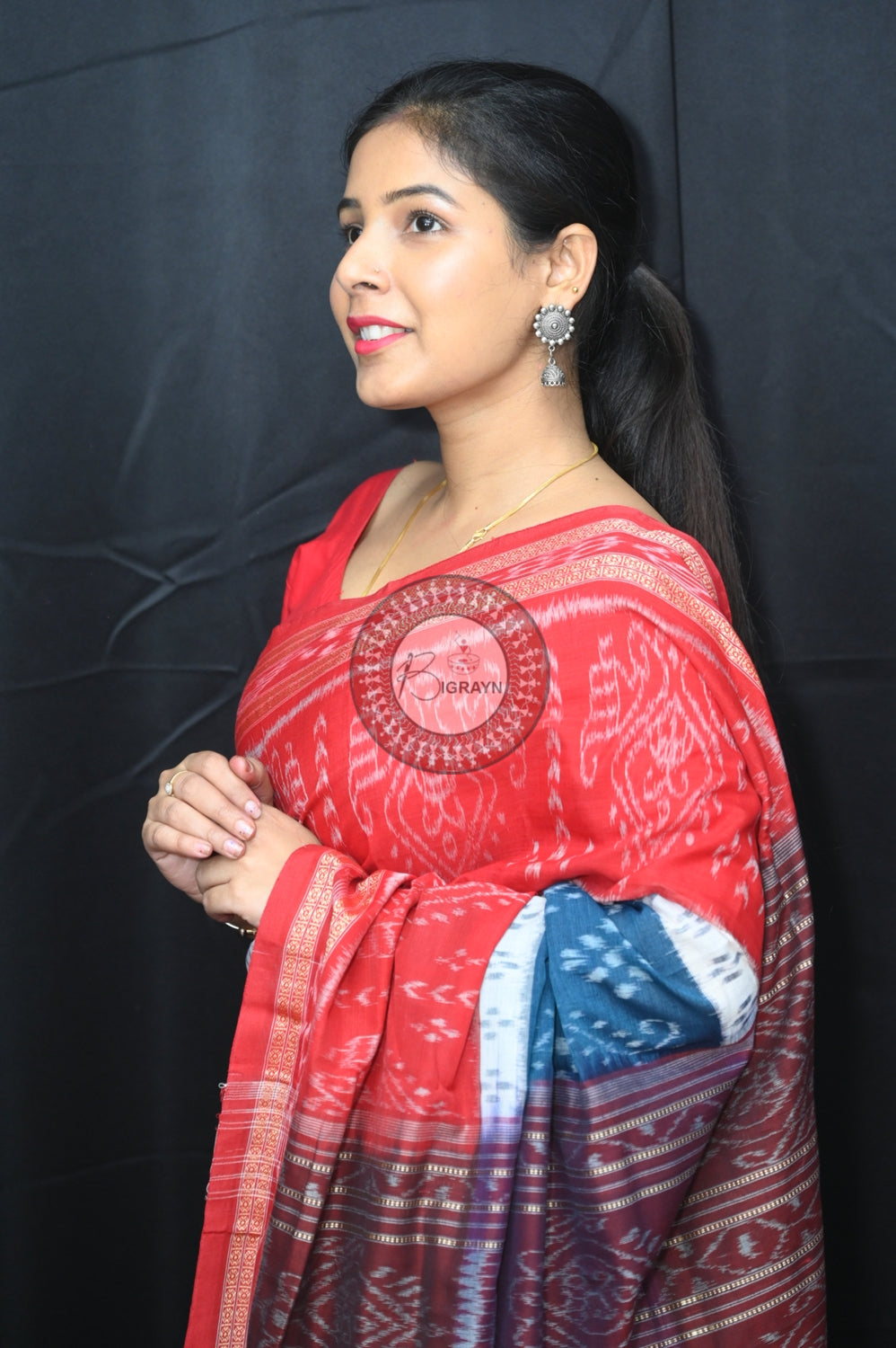 Teal Blue White Red 5D Khandua Cotton Saree