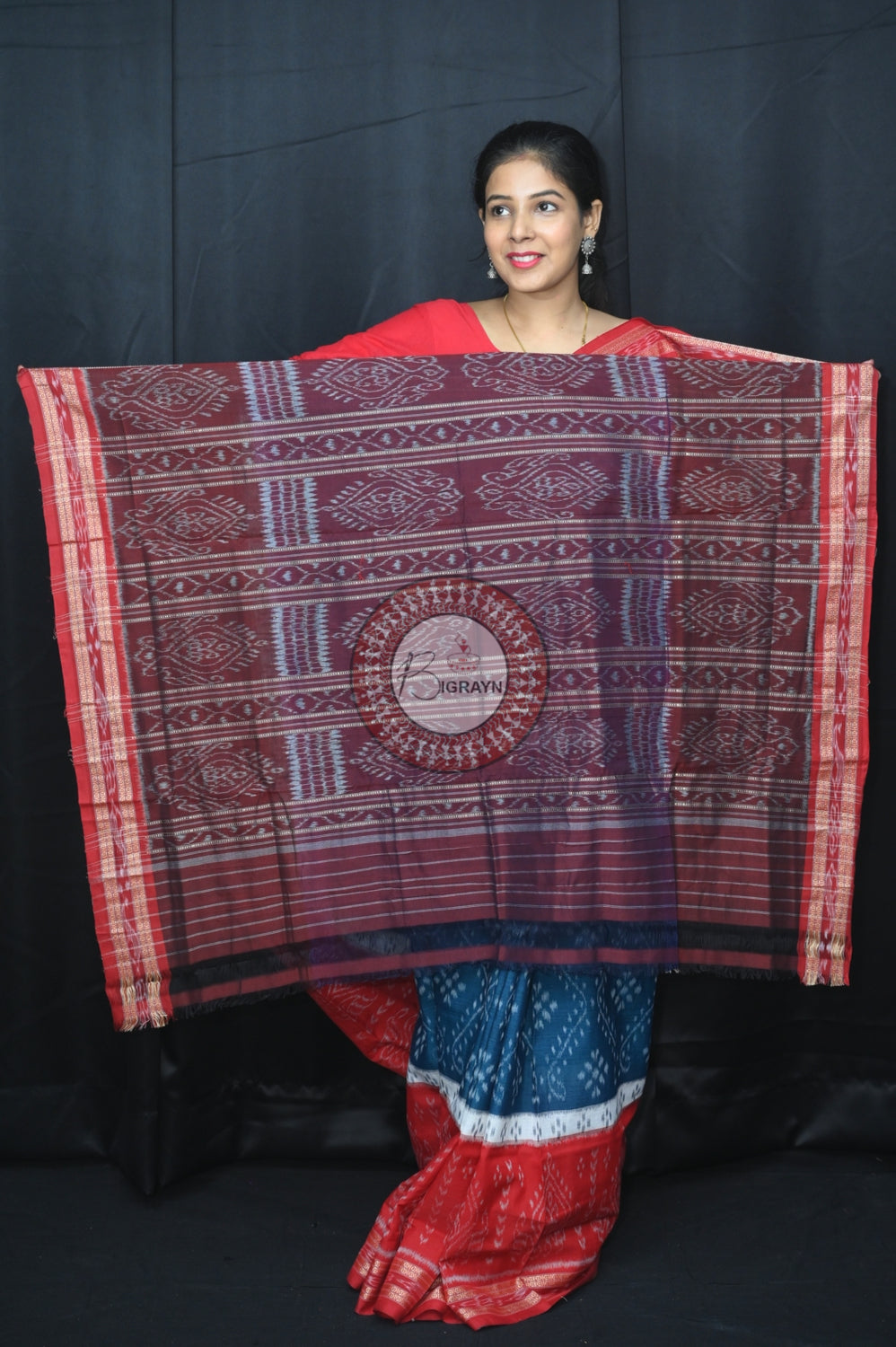 Teal Blue White Red 5D Khandua Cotton Saree