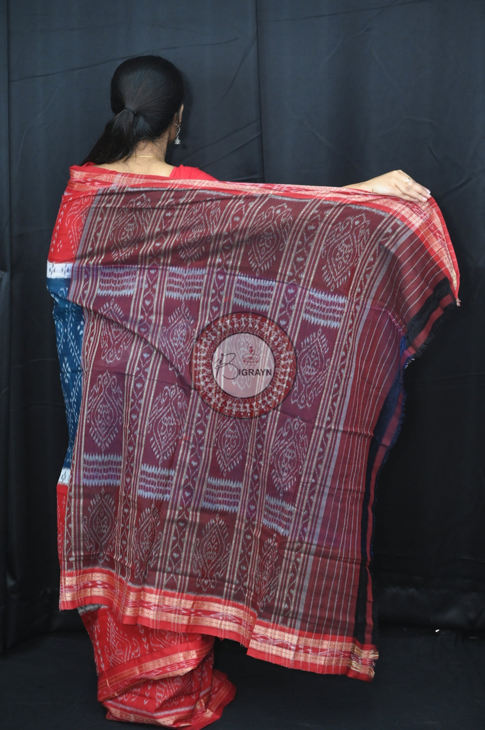 Teal Blue White Red 5D Khandua Cotton Saree