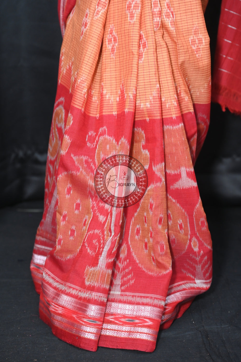 Brown Maroon Peacock Scot Khandua Cotton Saree
