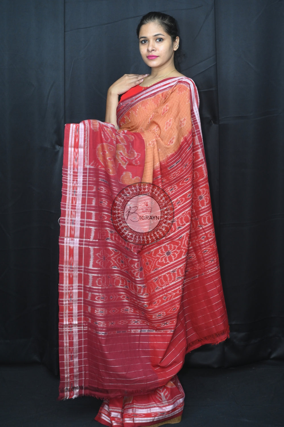 Brown Maroon Peacock Scot Khandua Cotton Saree
