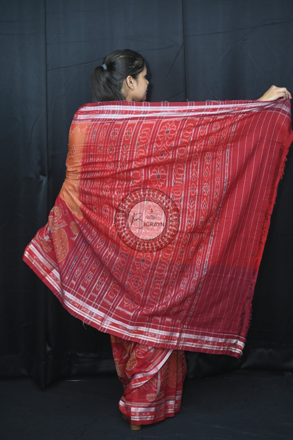 Brown Maroon Peacock Scot Khandua Cotton Saree