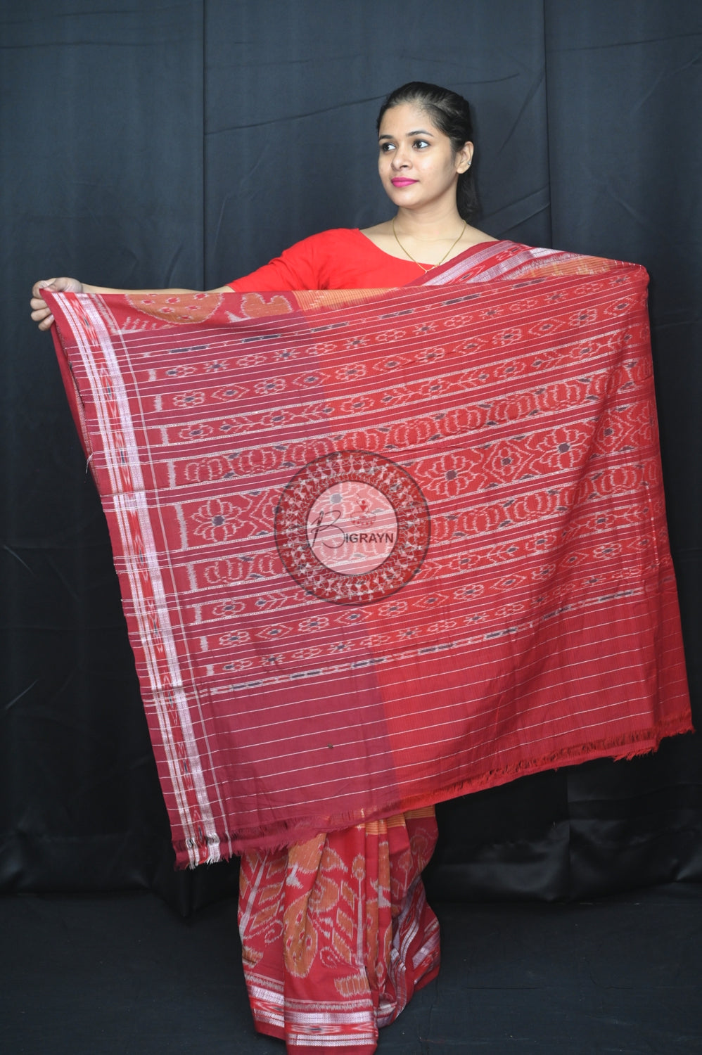 Brown Maroon Peacock Scot Khandua Cotton Saree