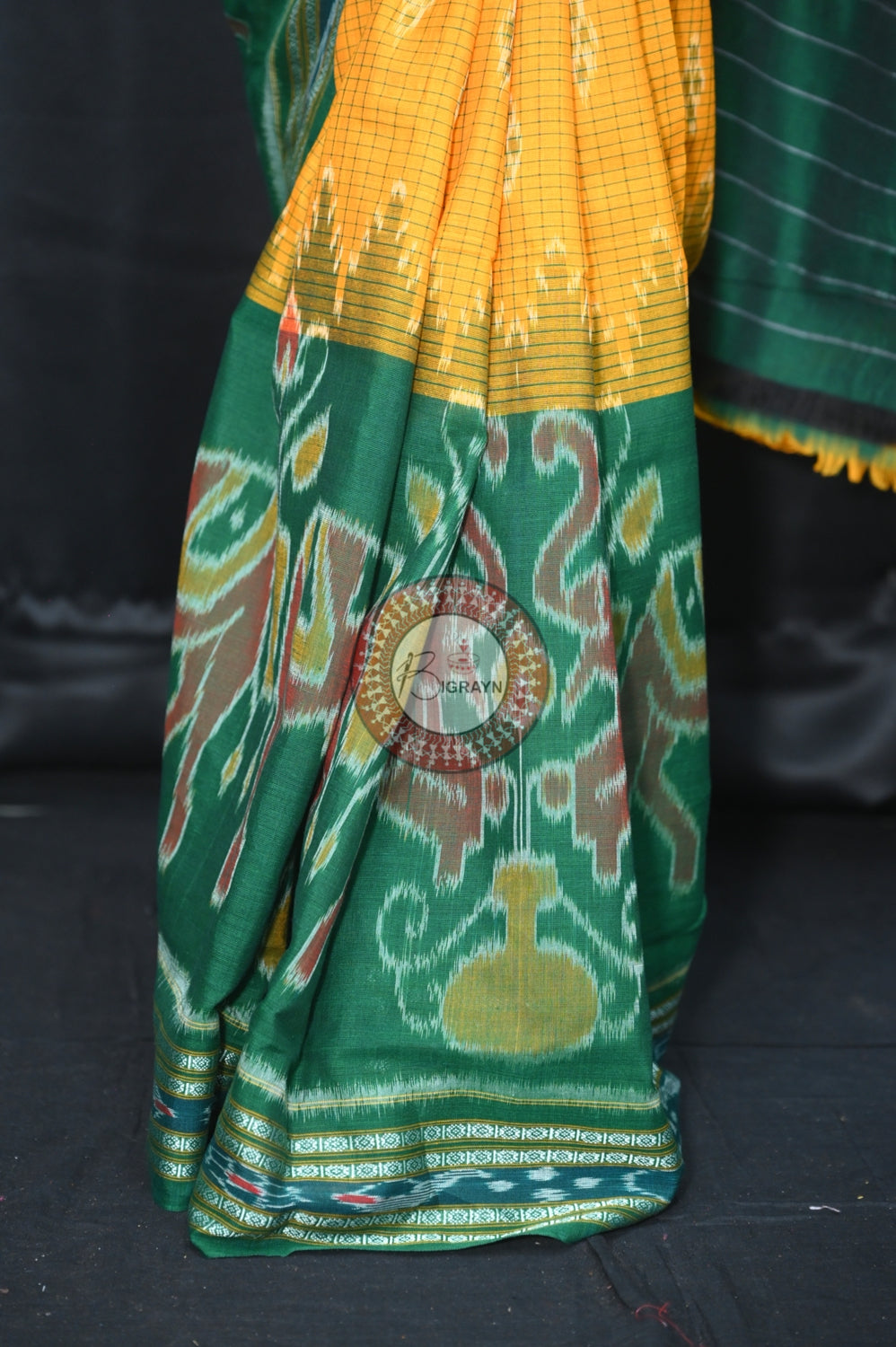 Yellow Green Elephant Scot Khandua Cotton Saree