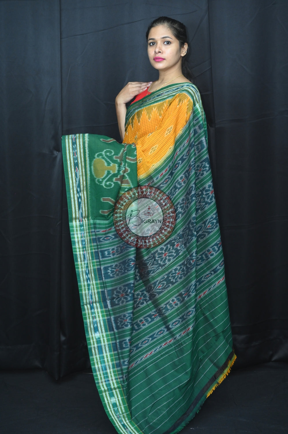 Yellow Green Elephant Scot Khandua Cotton Saree