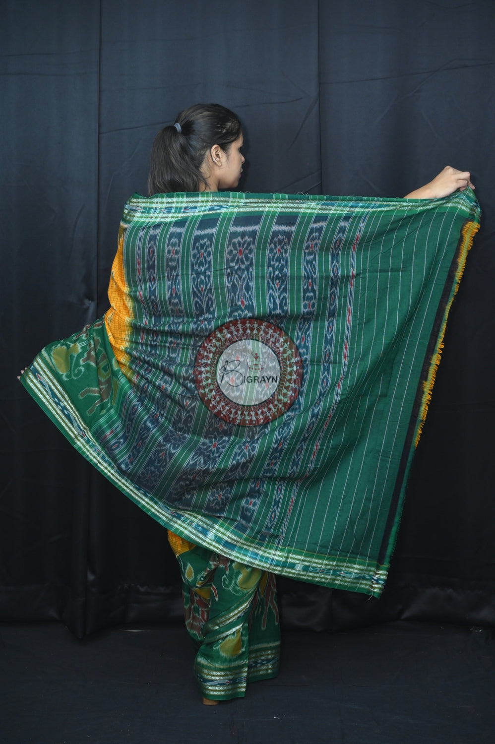 Yellow Green Elephant Scot Khandua Cotton Saree