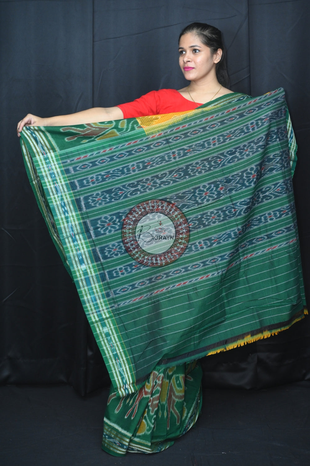 Yellow Green Elephant Scot Khandua Cotton Saree