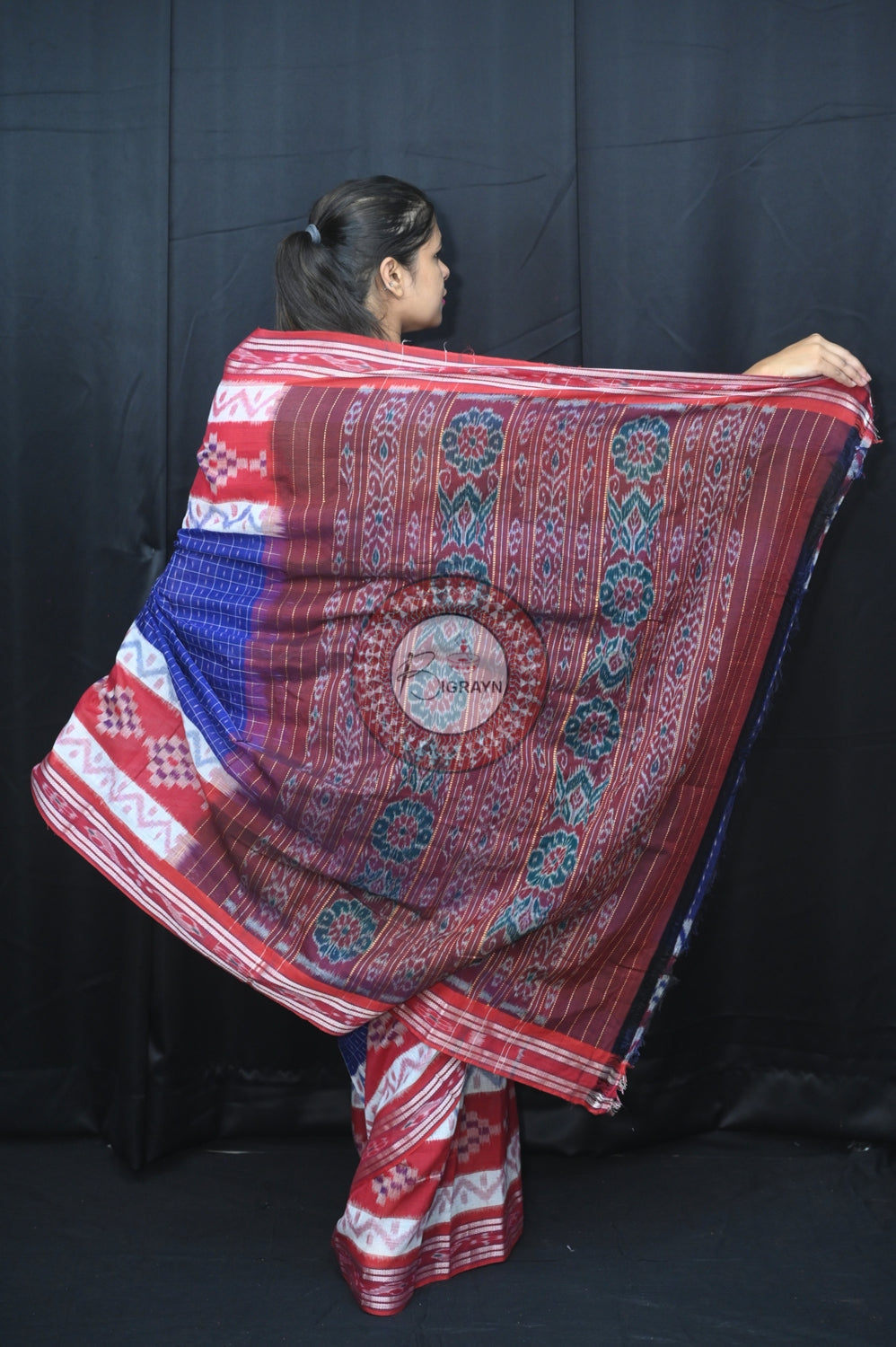 Blue Maroon Maniraja Khandua Cotton Saree
