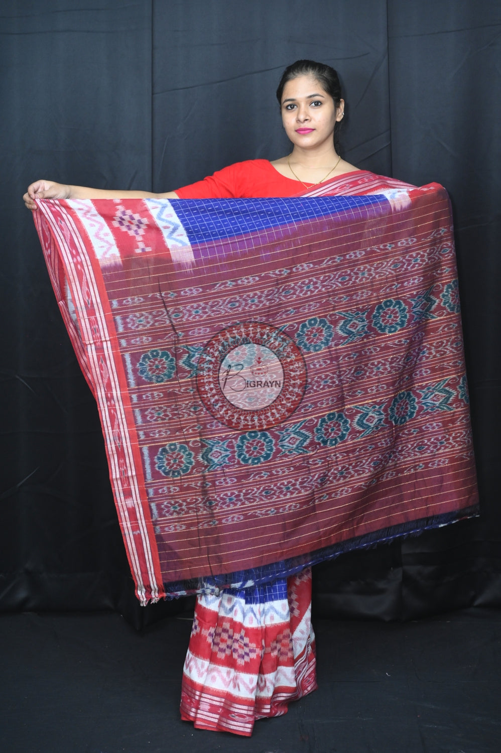 Blue Maroon Maniraja Khandua Cotton Saree