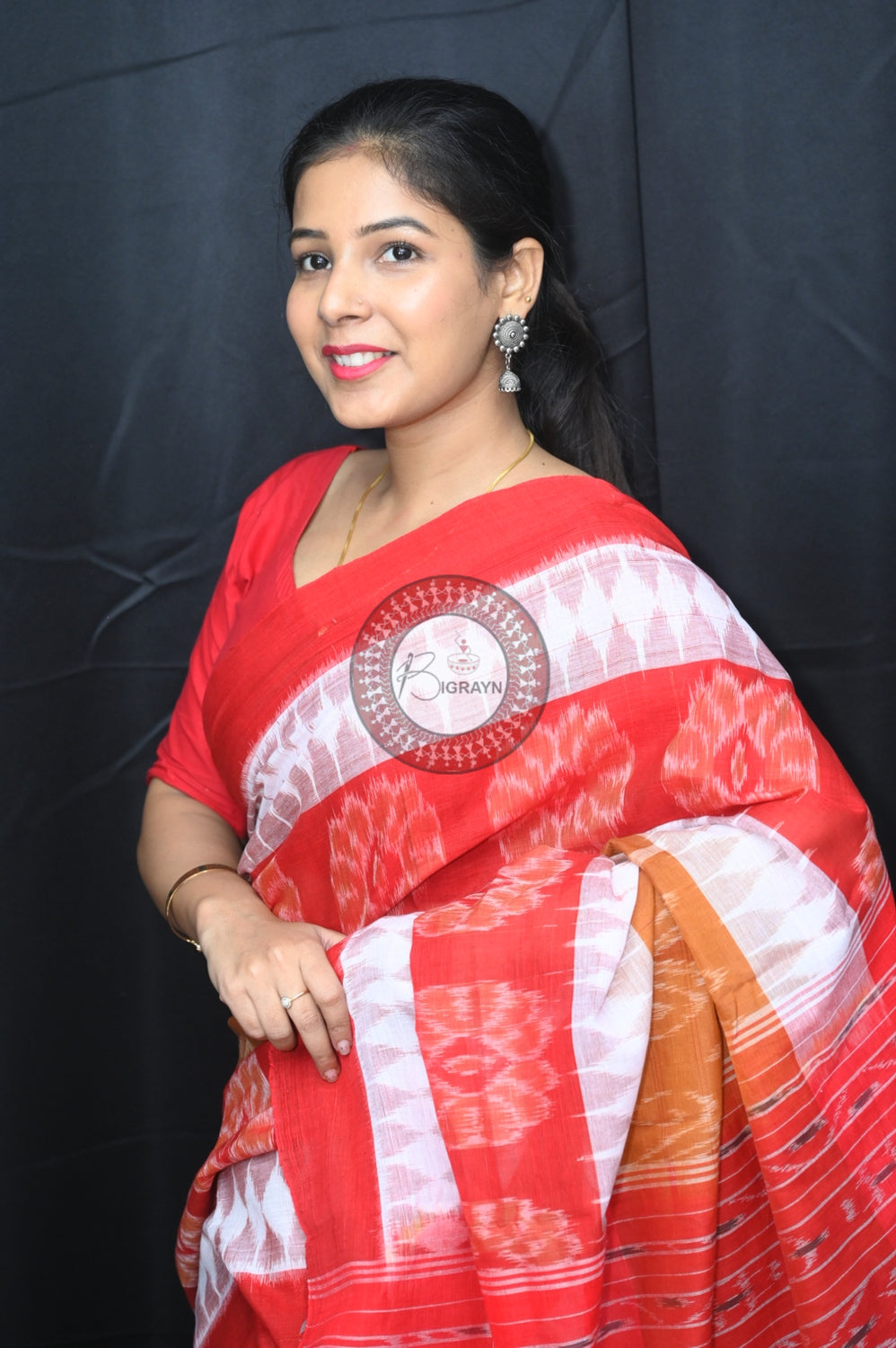 Brown White Maroon 7D Khandua Cotton Saree