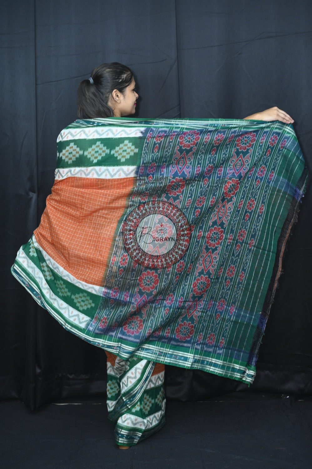 Brown Green Maniraja Khandua Cotton Saree