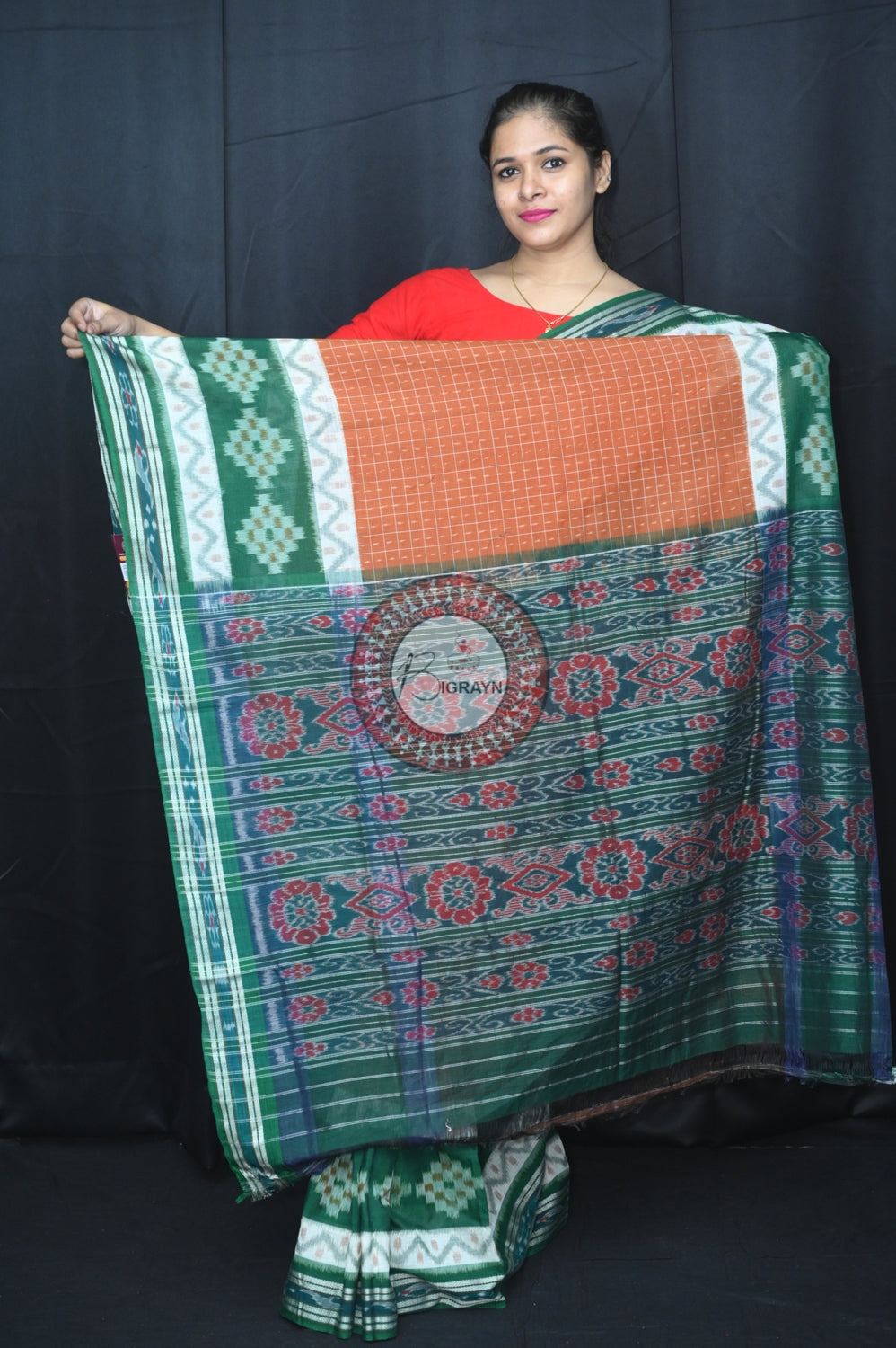 Brown Green Maniraja Khandua Cotton Saree