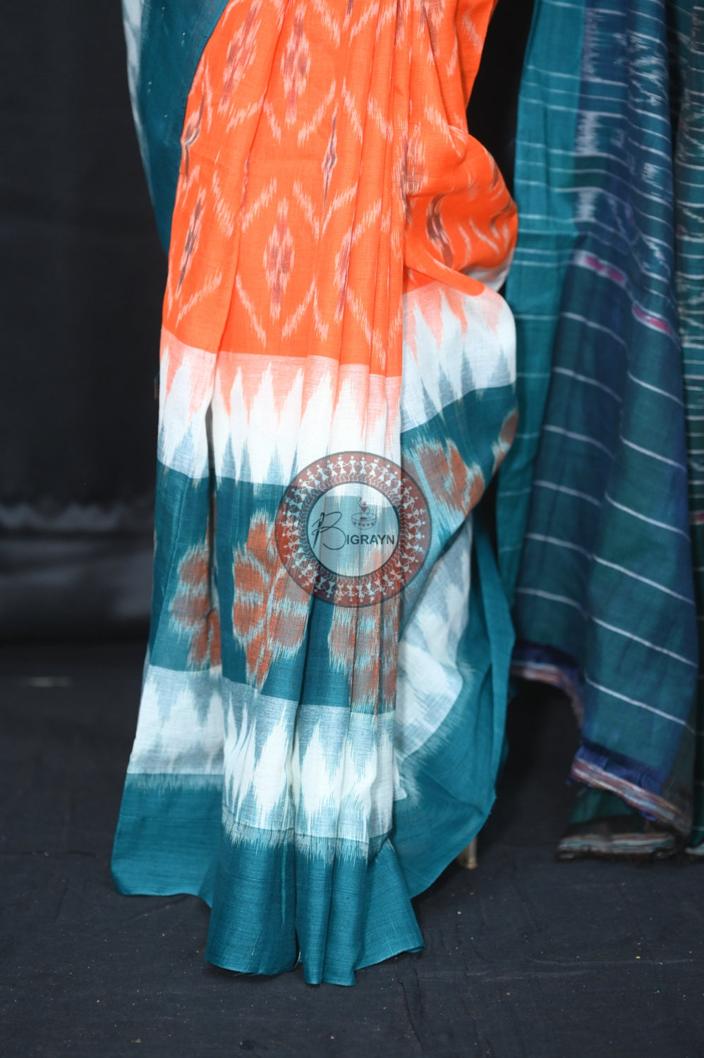Orange White Green 7D Khandua Cotton Saree