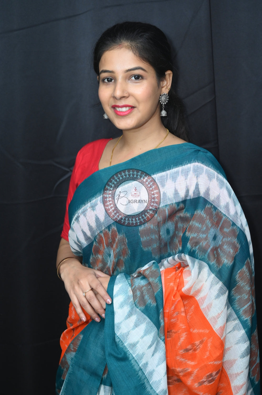 Orange White Green 7D Khandua Cotton Saree