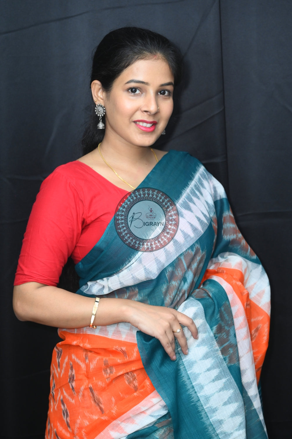 Orange White Green 7D Khandua Cotton Saree