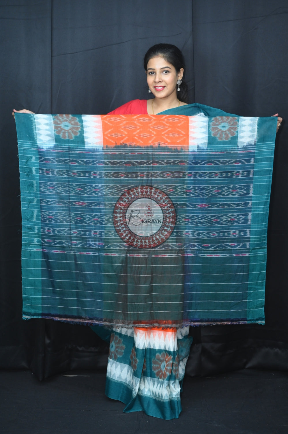 Orange White Green 7D Khandua Cotton Saree
