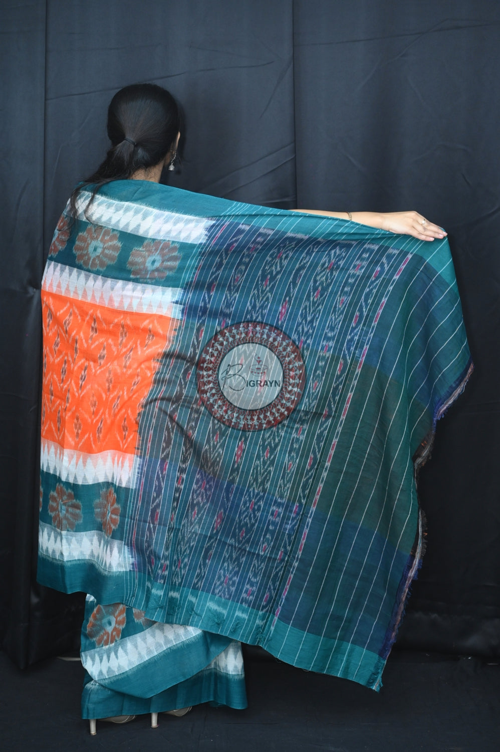 Orange White Green 7D Khandua Cotton Saree