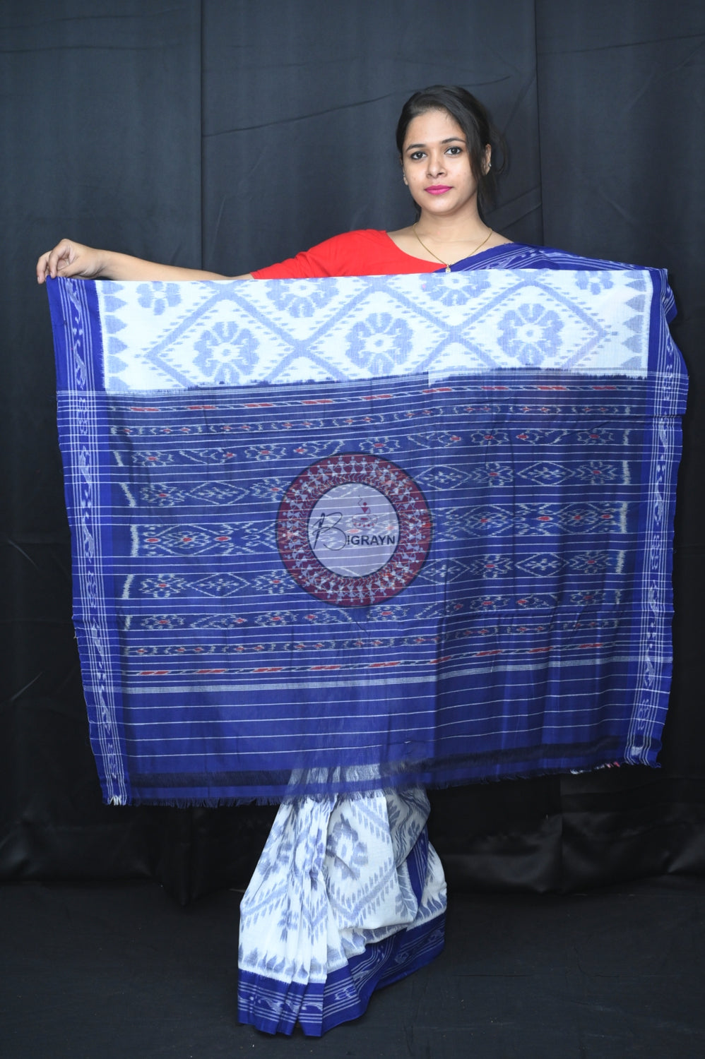 White Blue Bada Phula Khandua Cotton Saree