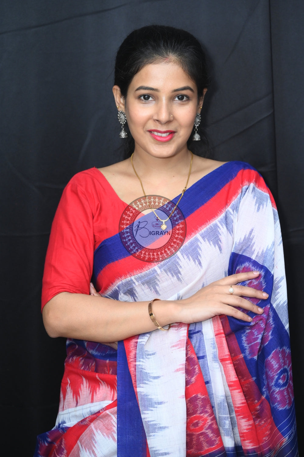 Red White Blue 7D Khandua Cotton Saree
