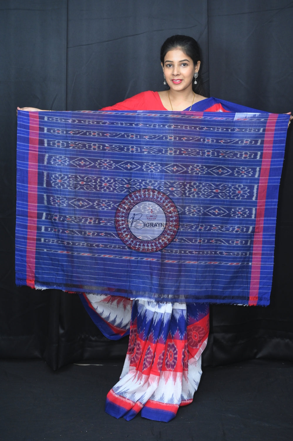 Red White Blue 7D Designer Khandua Cotton Saree