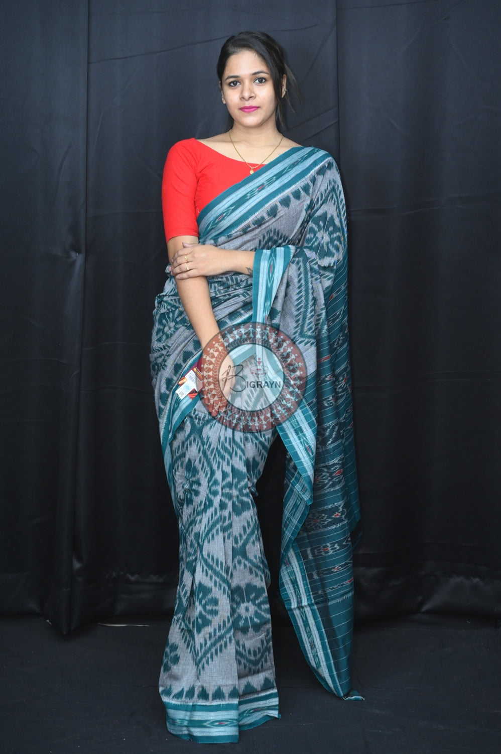 Grey Green Bada Phula Khandua Cotton Saree