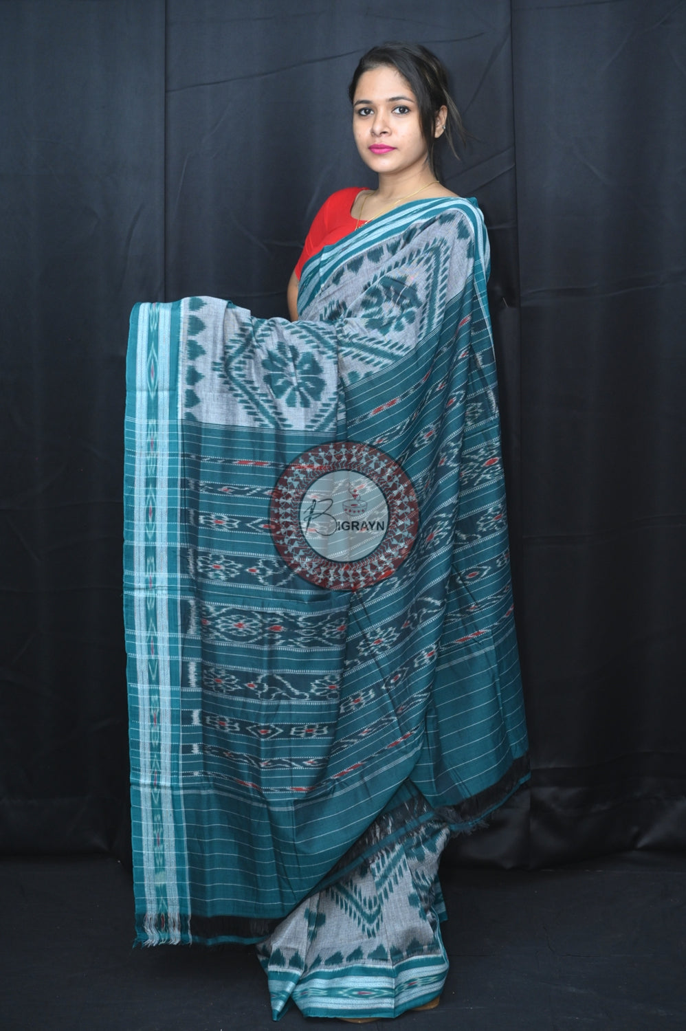 Grey Green Bada Phula Khandua Cotton Saree