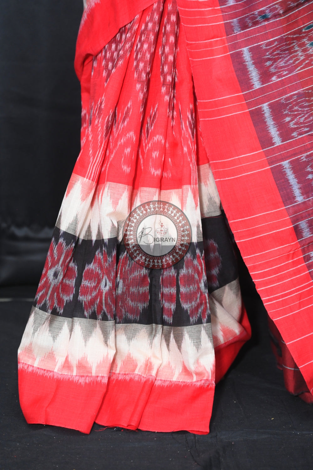 Off White Black Red 7D Khandua Cotton Saree