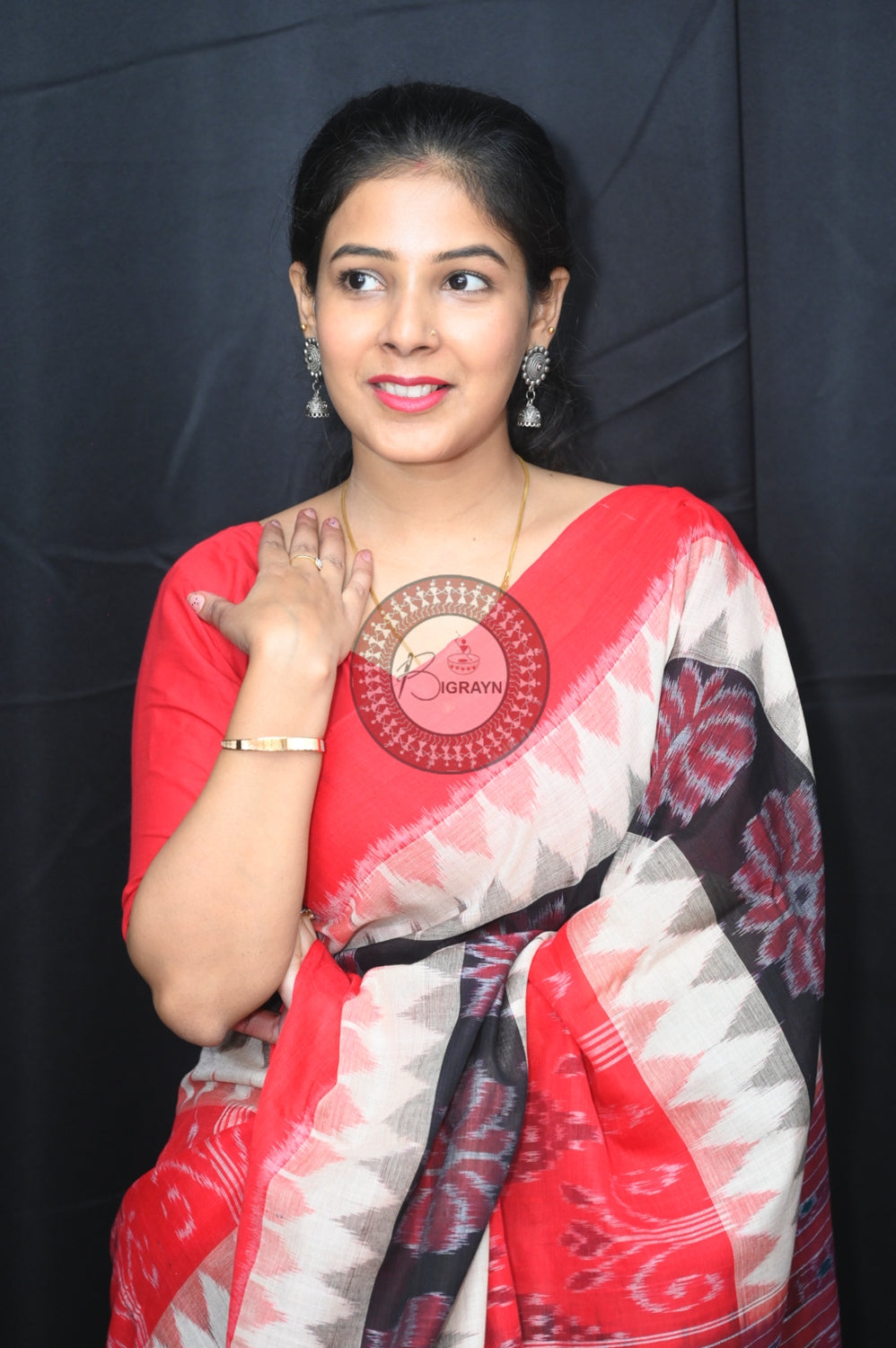Off White Black Red 7D Khandua Cotton Saree