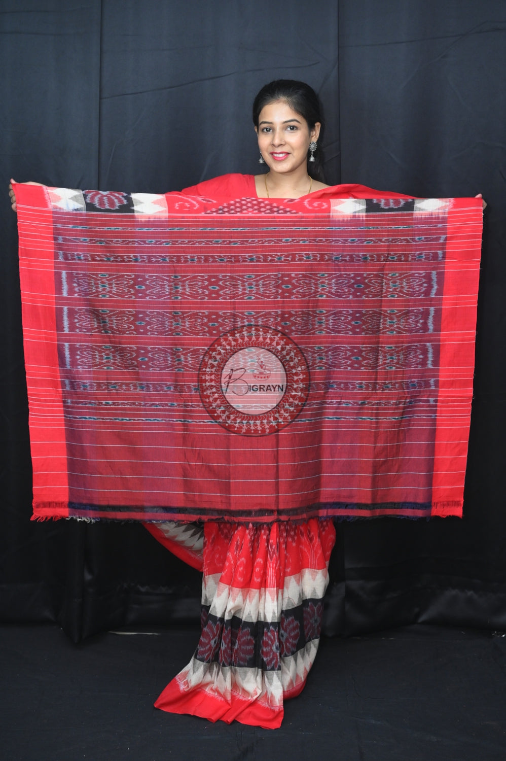 Off White Black Red 7D Khandua Cotton Saree
