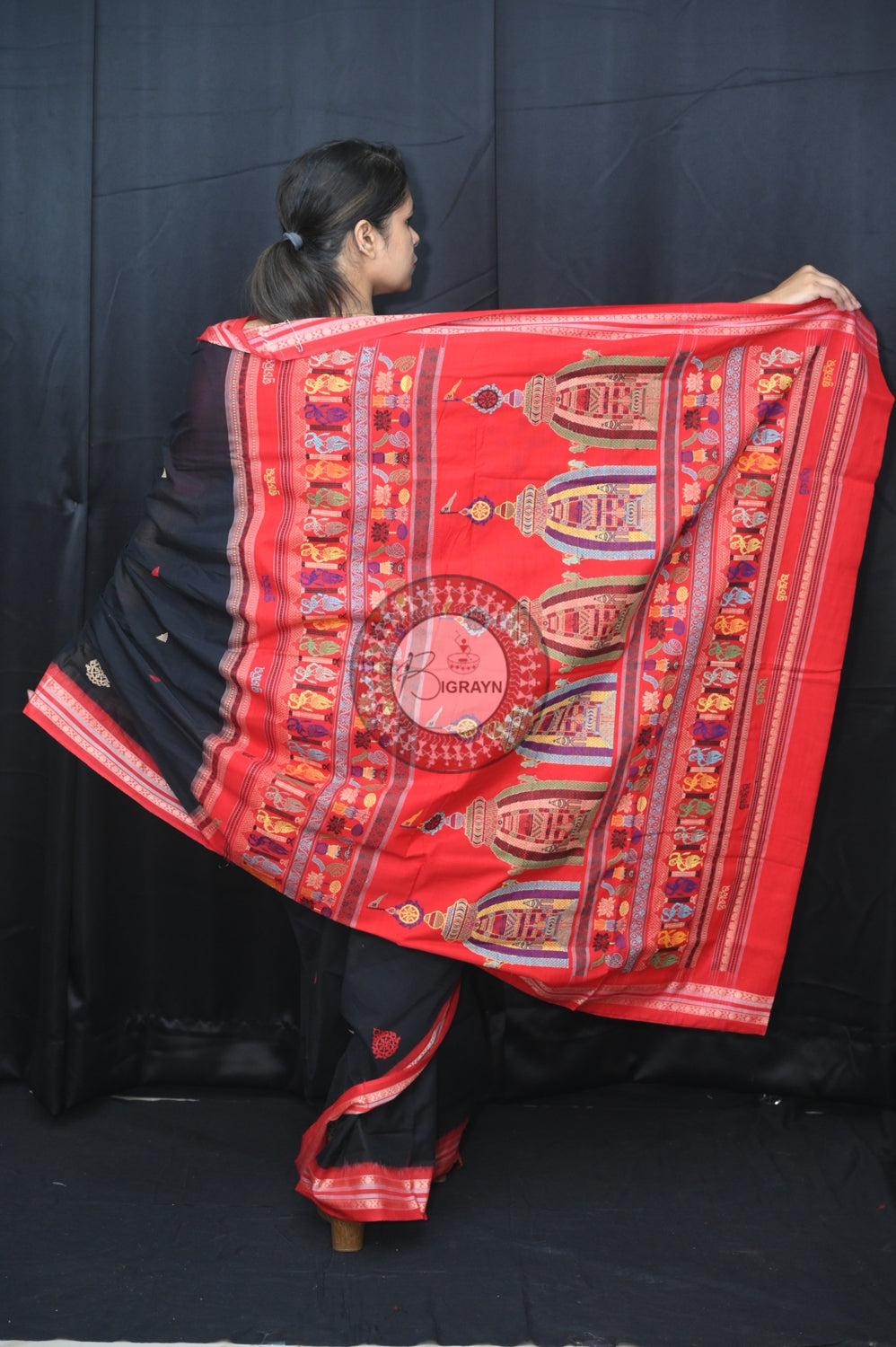 Black Red Sri Mandir Sambalpuri Cotton Saree