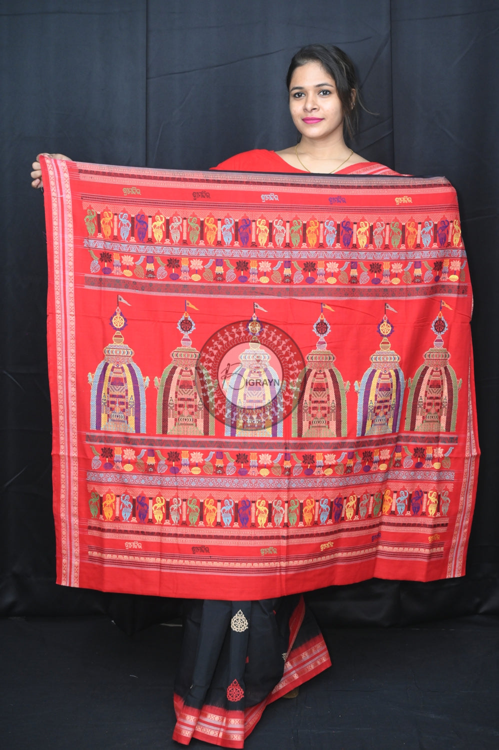 Black Red Sri Mandir Sambalpuri Cotton Saree
