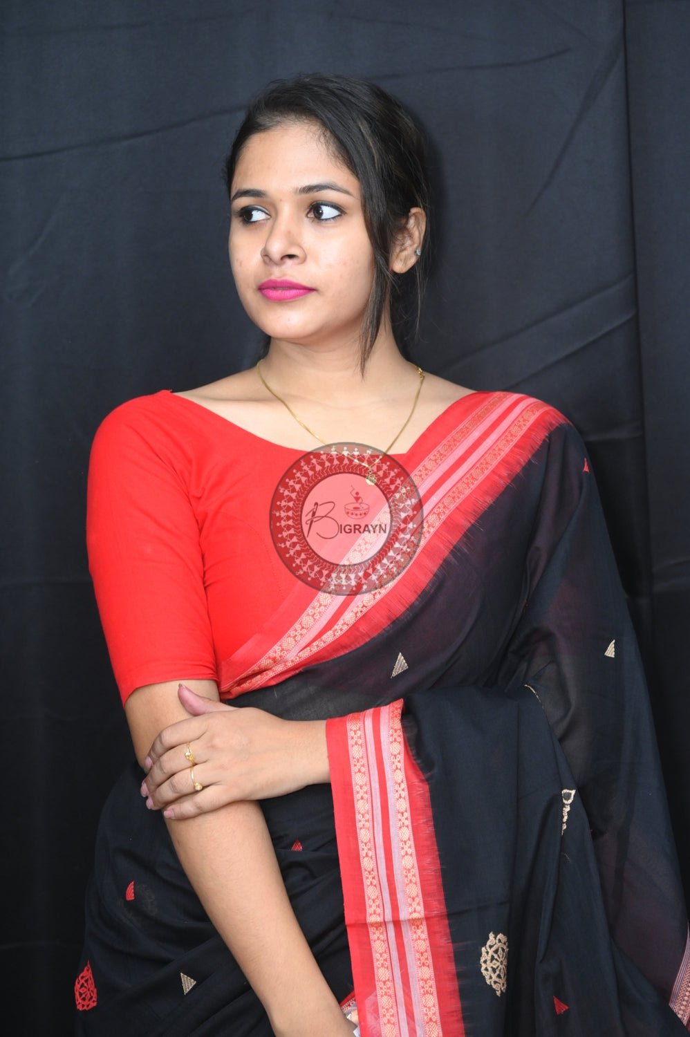 Black Red Sri Mandir Sambalpuri Cotton Saree