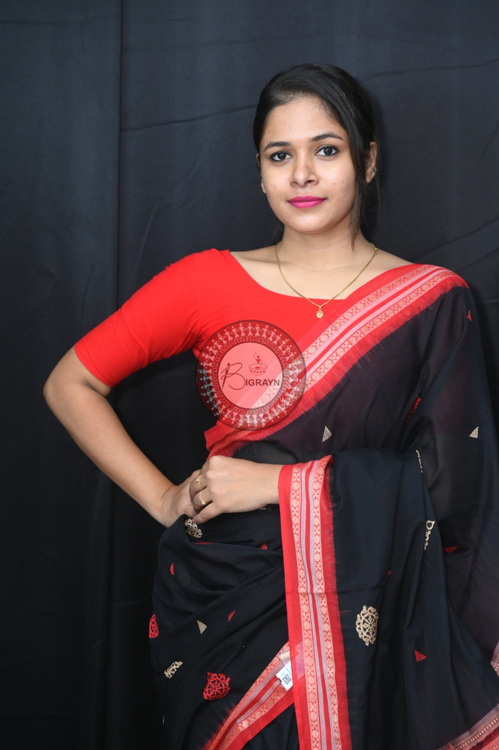 Black Red Sri Mandir Sambalpuri Cotton Saree