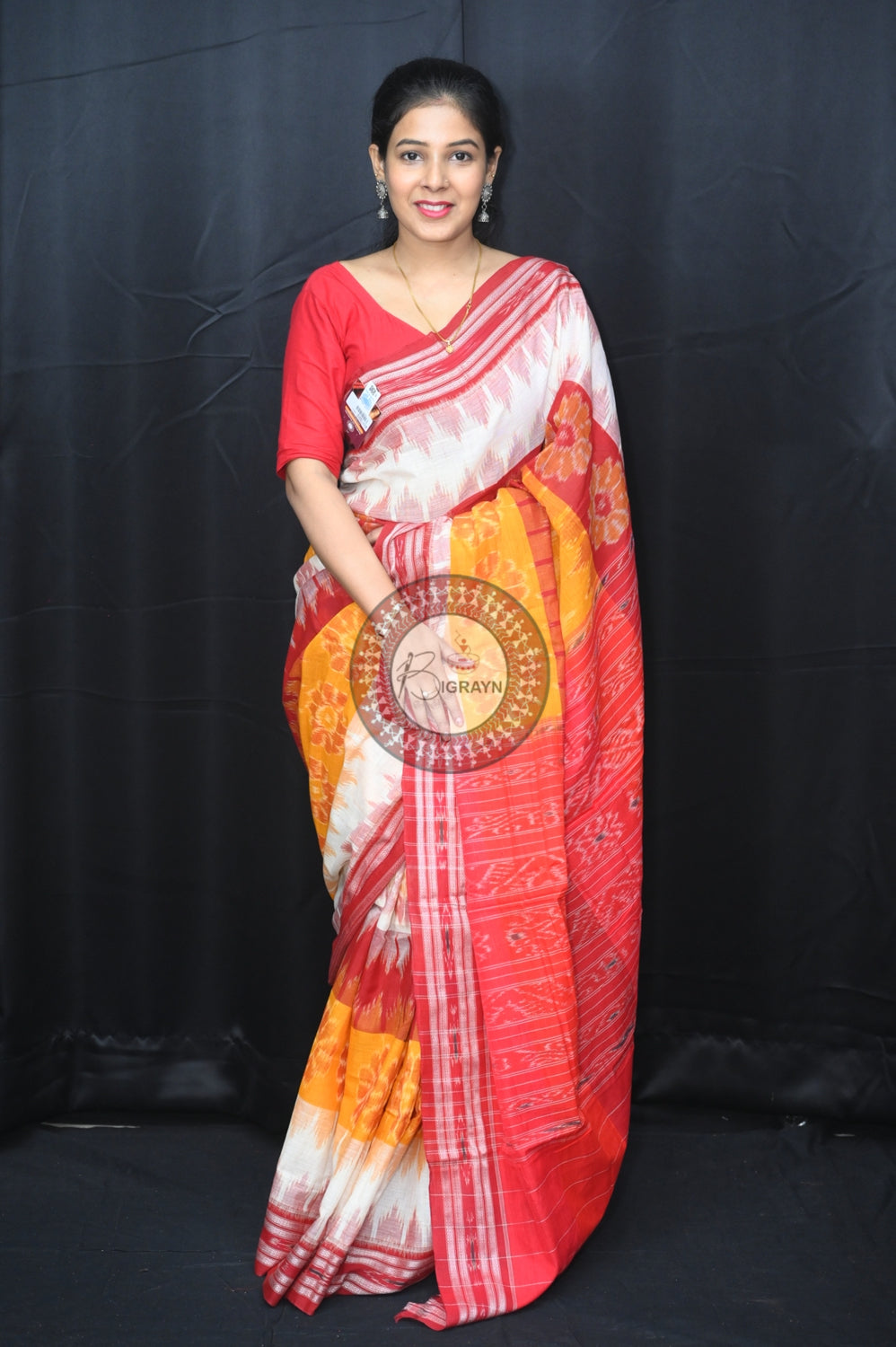 White Yellow Maroon 7D Khandua Cotton Saree
