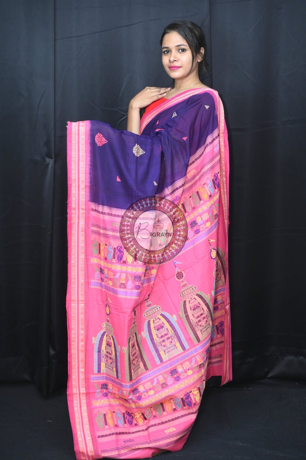 Blue Pink Sri Mandir Sambalpuri Cotton Saree