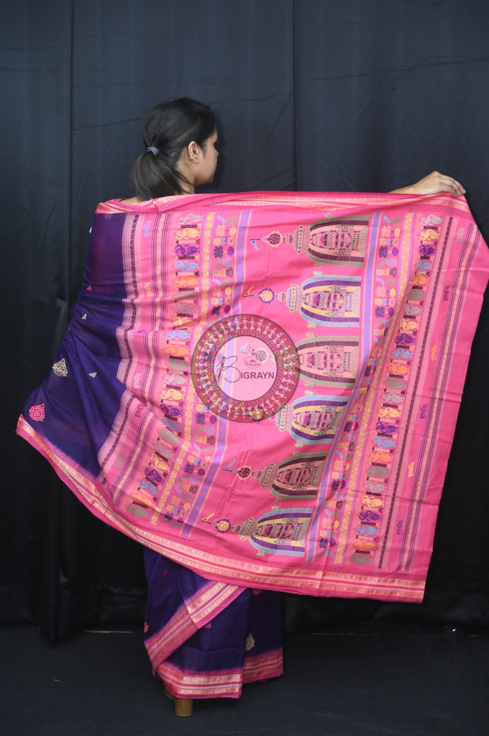 Blue Pink Sri Mandir Sambalpuri Cotton Saree